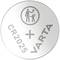 Silver button cell with text printed: 'CR2025' and 'VARTA'. Symbol indicating to keep away from children displayed.