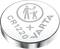 Round button cell battery with inscription 'CR1220 + VARTA'. Pictogram featuring a person and a child representing a battery.