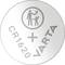 Silver button cell battery with the inscription 'CR1620 VARTA'. Icon shows an adult giving a symbol to a child.