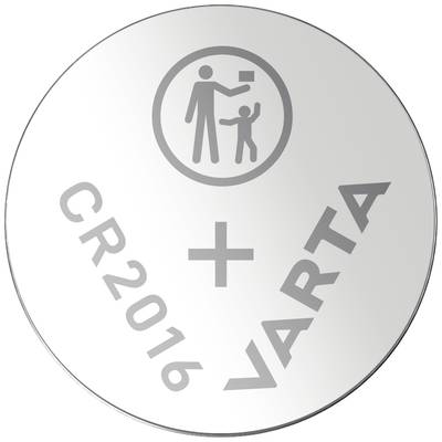 'Button cell with print "CR2016" and "VARTA". Pictogram of an adult handing something to a child, top right.'