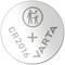 'Button cell with print "CR2016" and "VARTA". Pictogram of an adult handing something to a child, top right.'
