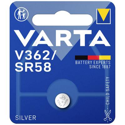 Varta V362/SR58 button cell battery on a blue background with the inscription 'Battery Experts Since 1887'. Child-safe packaging.