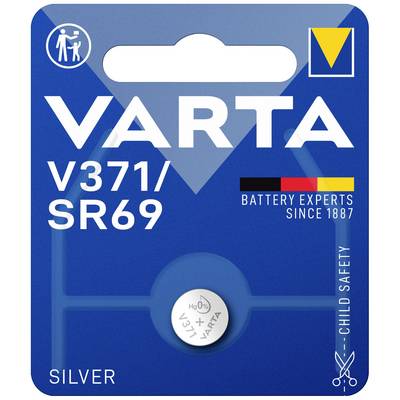 Blister pack containing VARTA silver oxide button cell V371/SR69. Label emphasises child safety, expertise since 1887 and battery expert status.