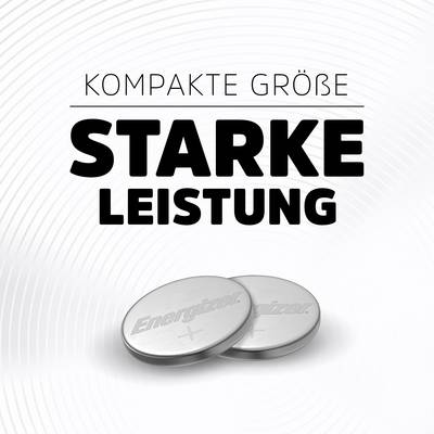 Two button cell batteries on a light background with the inscription 'Energizer'. Text at the top: 'Compact size, powerful performance'.
