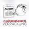 'Child-safe packaging' with scissors symbol. Product packaging showing two batteries, brand name 'Energizer' at the top.