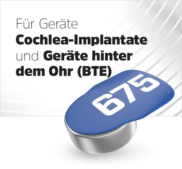 'For Devices: Cochlear Implants and Behind-the-Ear (BTE) Devices.' Figure shows a blue button cell battery with the number '675'.