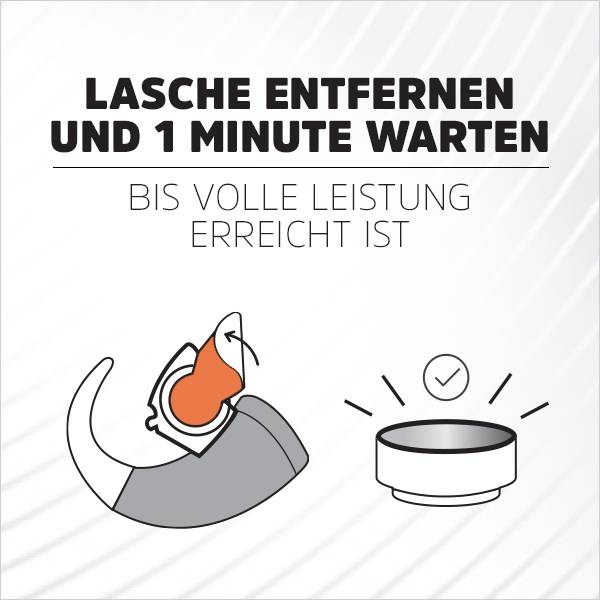 'Remove the seal and wait 1 minute until full performance is reached.' Illustration shows an open container with the seal removed.