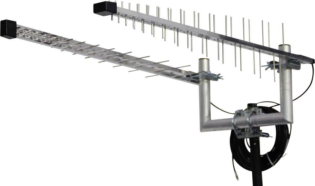 A Yagi antenna with multiple elements and reflectors, mounted on a metal mast. It is used for receiving radio signals.