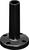 Black metal flange with four round holes and a long cylindrical pipe in the centre.