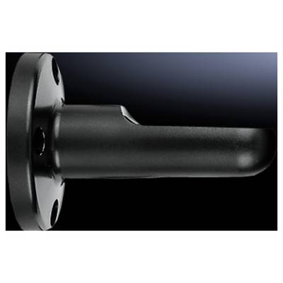 Black metal door handle, side view, on a dark background. The handle has a round base with four screw holes.