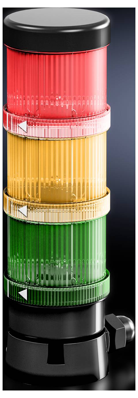 A three-colour signal light shows red, yellow, and green from top to bottom, indicating operational states.