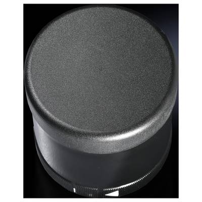 Black, round plastic lid with a ridged edge, set against a dark background.