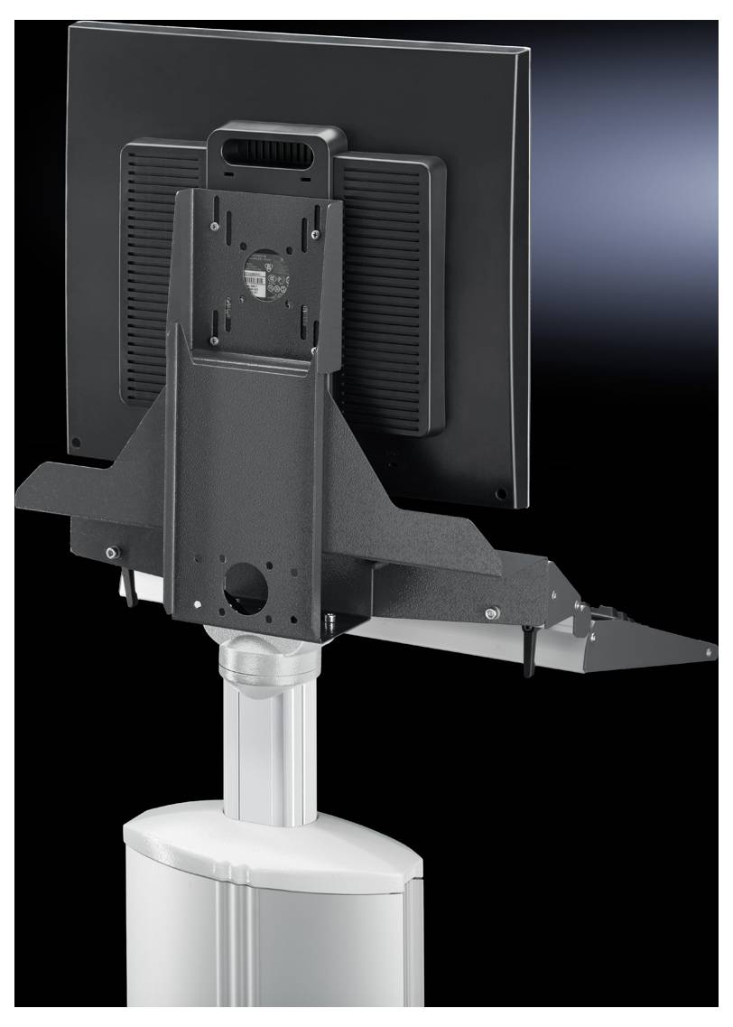 A computer screen is mounted on a height-adjustable stand that allows for ergonomic adjustment.