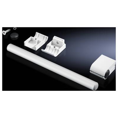 White metal tube components on a dark background, with two mounting brackets and a cover. Components for assembly purposes.
