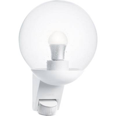 White outdoor light with a round, transparent lampshade and a motion sensor on the underside.