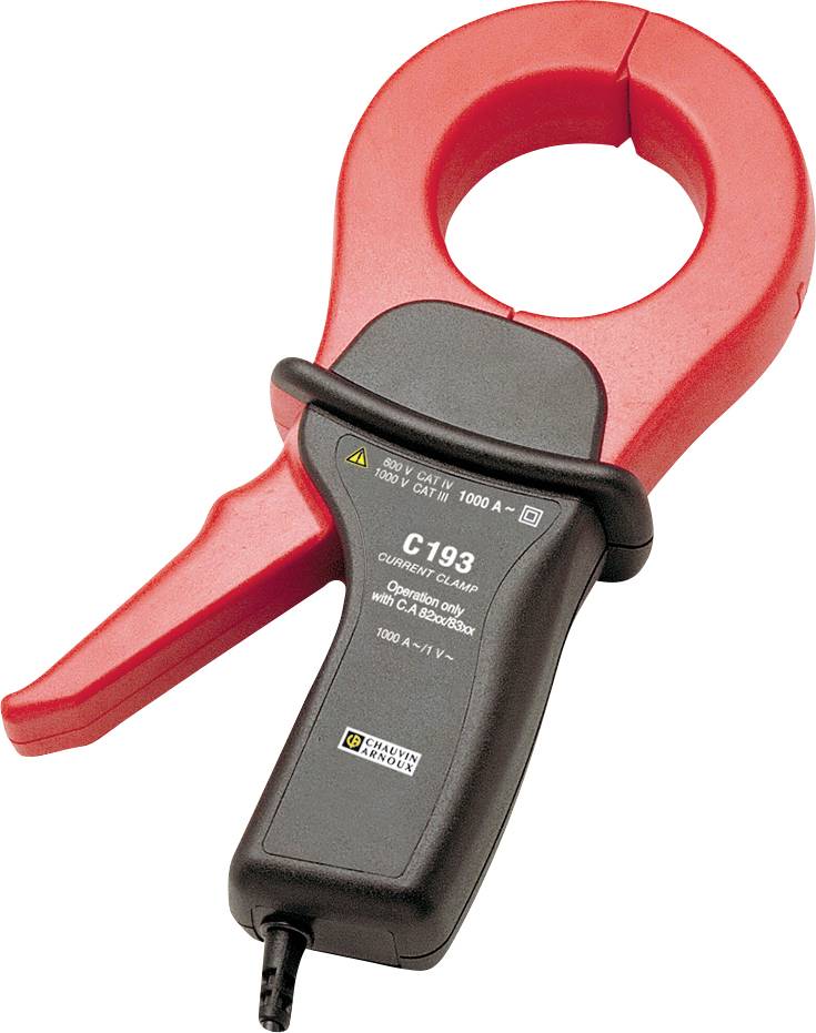 A red clamp ammeter for current measurements up to 1000 A, insulated, with a black handle and cable connection at the lower end.