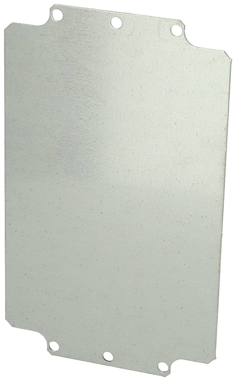 Metal plate with a rectangular shape, four holes at the corners and two in the middle. Surface is smooth and silvery.