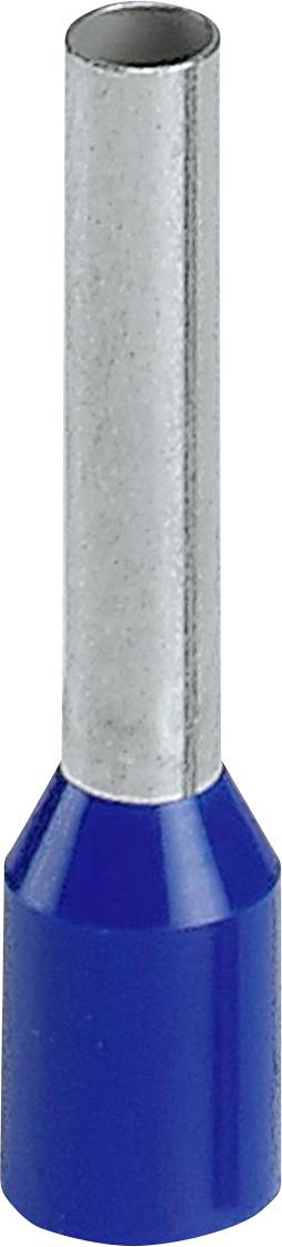 'A blue ferrule terminal with a long, cylindrical metal sleeve, used for electrical wire connections.'