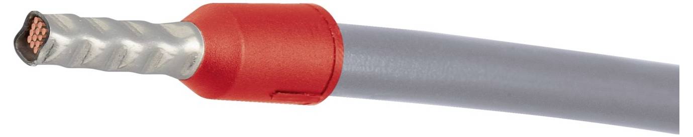 'A thick, flexible electrical cable with a copper conductor core exposed at the end, covered by red and gray insulation layers.'