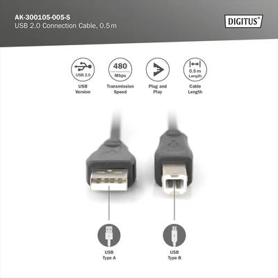 USB 2.0 Connection Cable, 0.5 m. Transfer rate 480 Mbps, plug and play, Cable length 0.5 m. USB Type A to USB Type B.