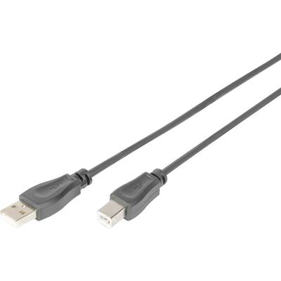 USB cable with a standard USB-A plug on the left side and a USB-B plug on the right side.
