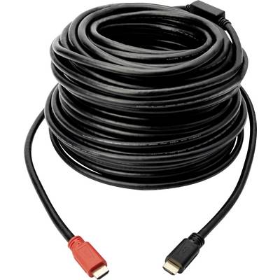 A long black HDMI cable with a red and a black plug at the ends, coiled in a generous loop.