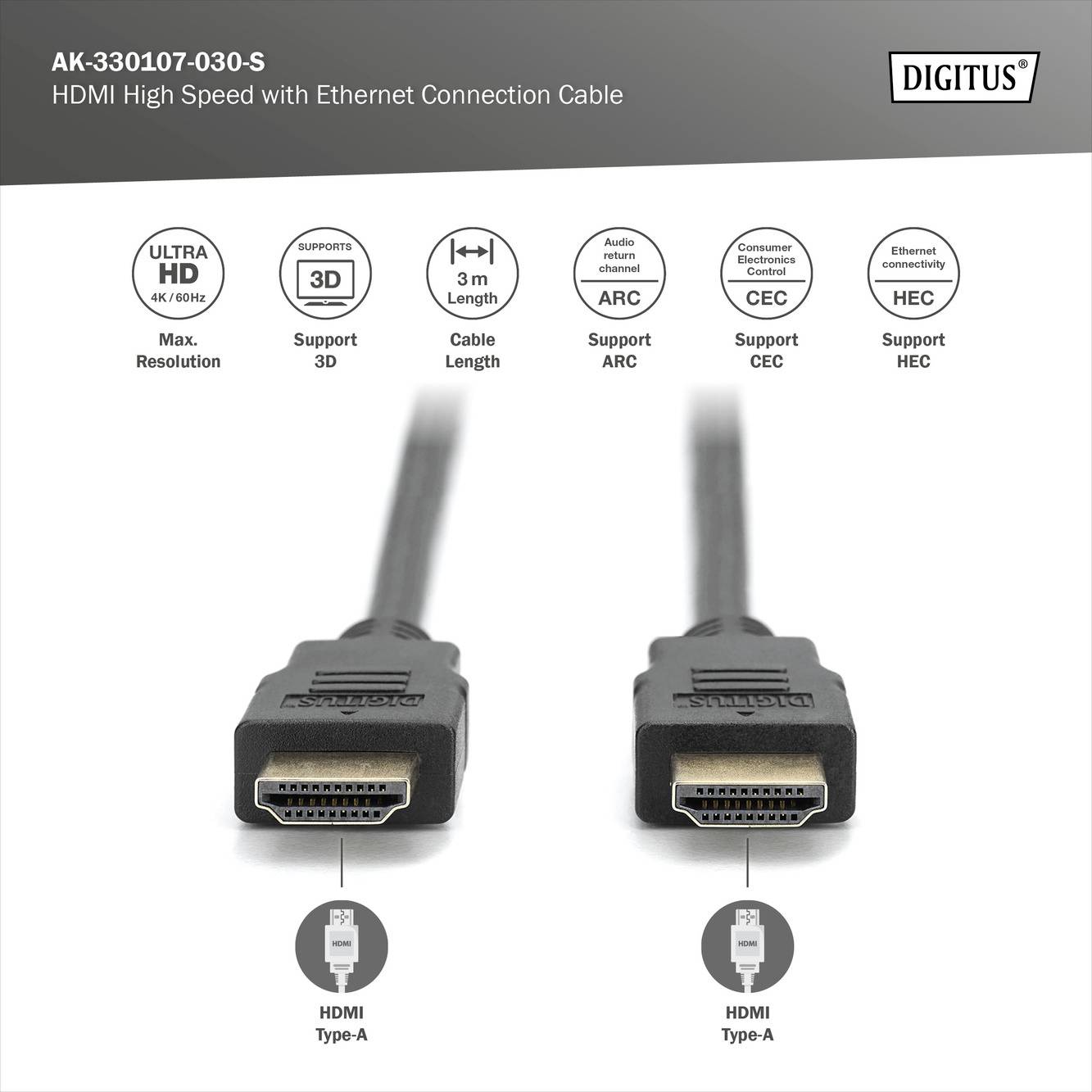 'HDMI High Speed' cable by Digitus, 3m long, supports 4K, 3D, ARC, CEC and HEC. Shows two HDMI Type A connectors and technical symbols.