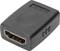 A black HDMI adapter with female sockets on both sides, used to connect two HDMI cables.