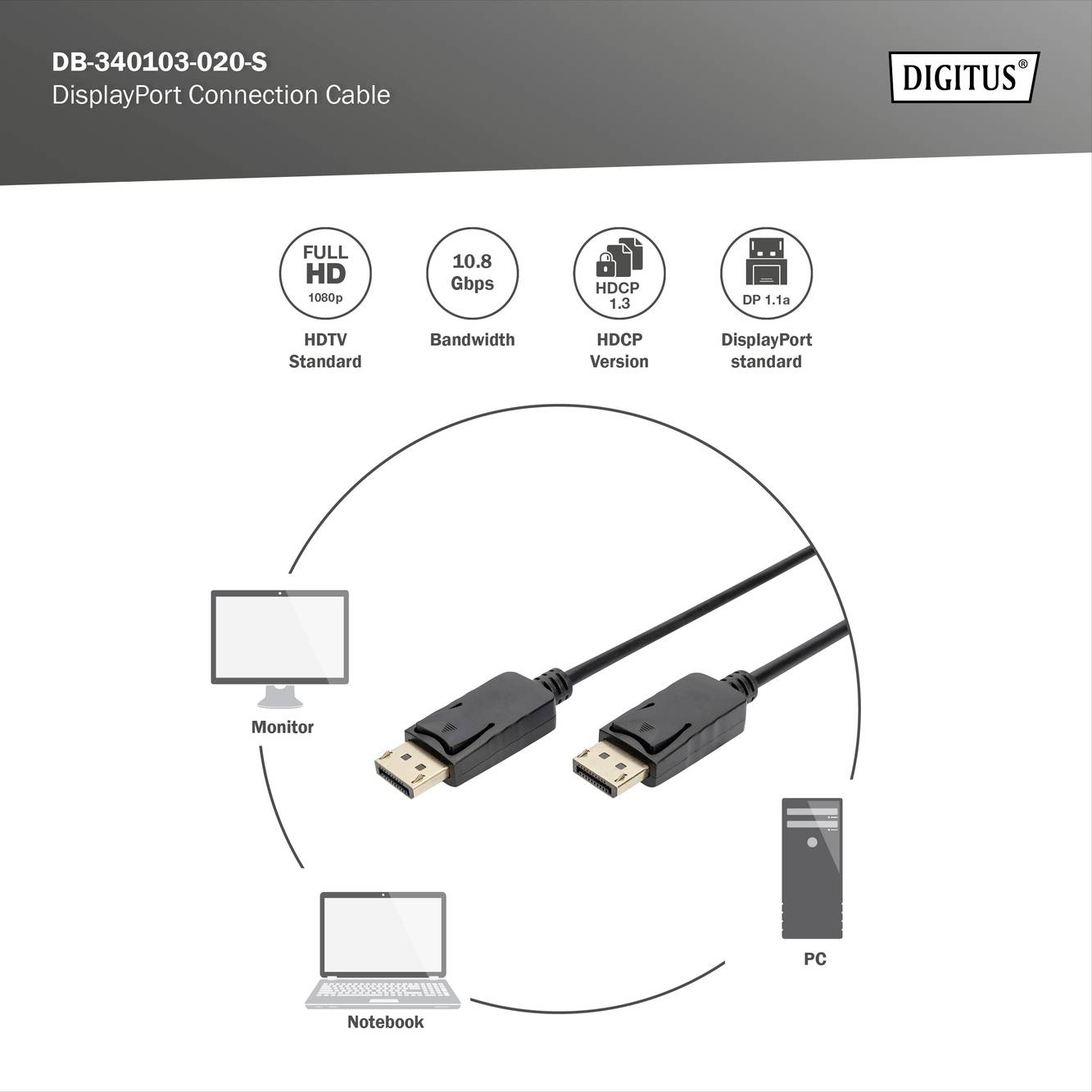 DisplayPort connection cable, 1.2 Standard, 10.8 Gbps, HDCP, suitable for monitor, laptop and PC, FULL HD/4K.