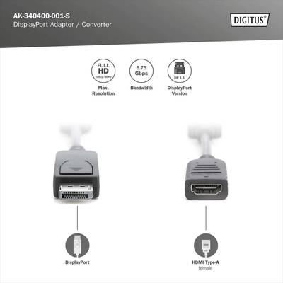 'DisplayPort to HDMI Adapter', showing plug with labels 'DisplayPort', 'HDMI Type-A female', supports 6.75 Gbps, Full HD.
