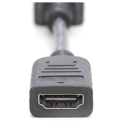 A black HDMI cable with a rectangular connector in the foreground shows the pins inside.