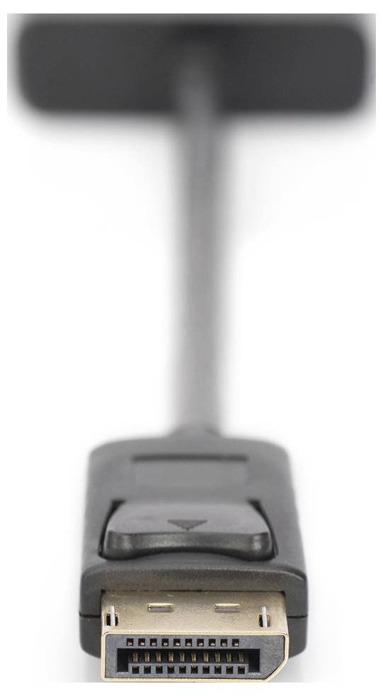 Close-up of a DisplayPort cable with a rectangular plug, used for digital video and audio transmission.