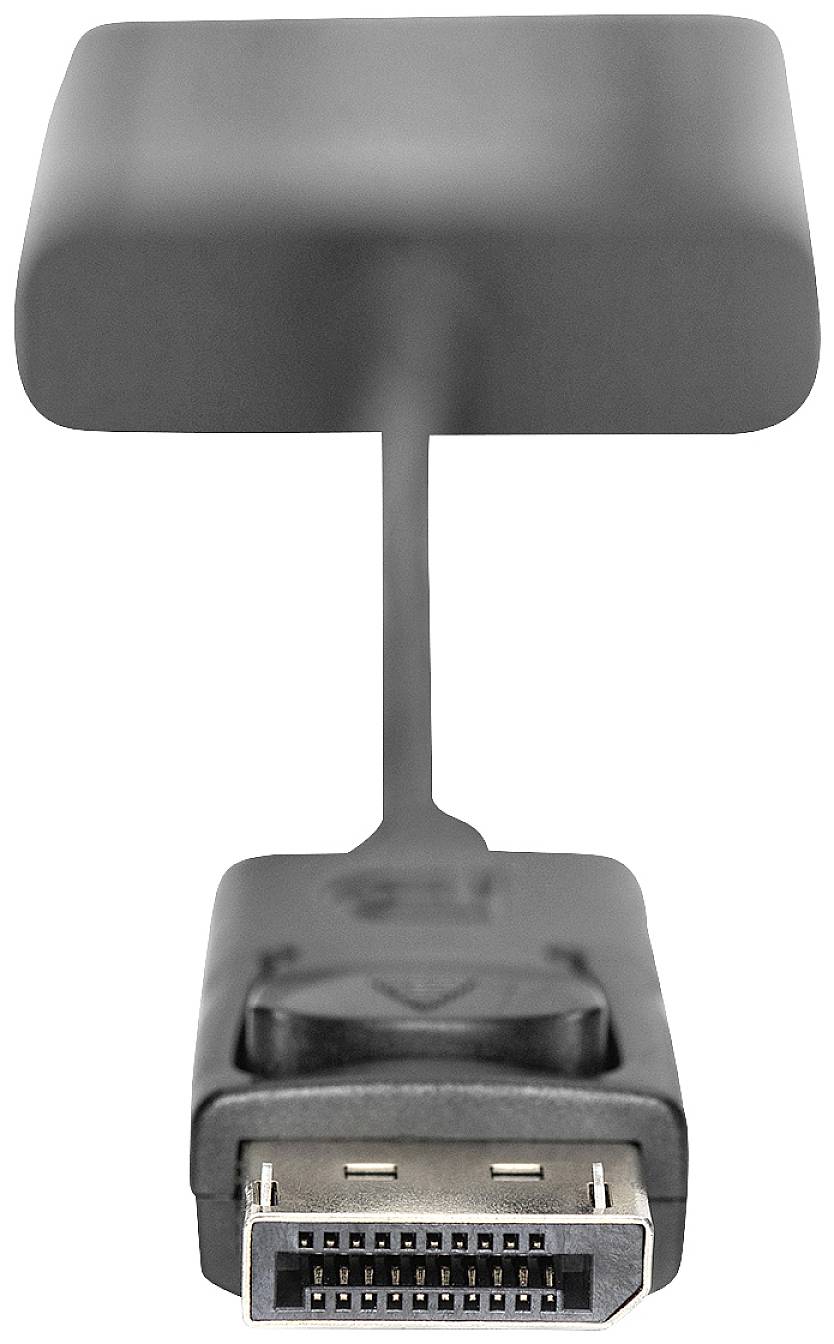 A black cable with an HDMI plug. The plug is pointing downwards, with the cable's beginning slightly out of focus.