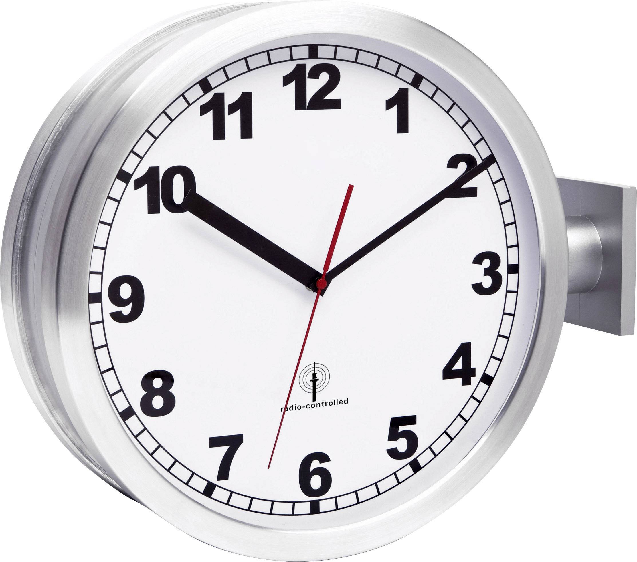 Analogue wall clock with a white face, black numbers and hands, and a red second hand. Showing 10:09.