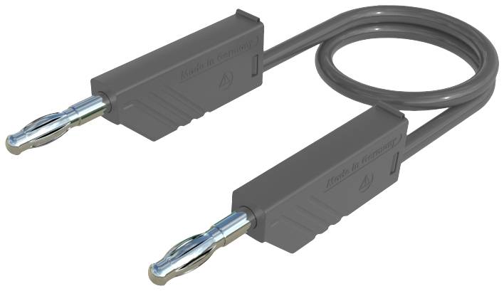 Black banana plug cables with two connected terminals, used for electronic devices or audio applications.