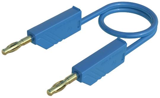 A blue banana cable with golden connectors at both ends, coiled in a loose spiral.