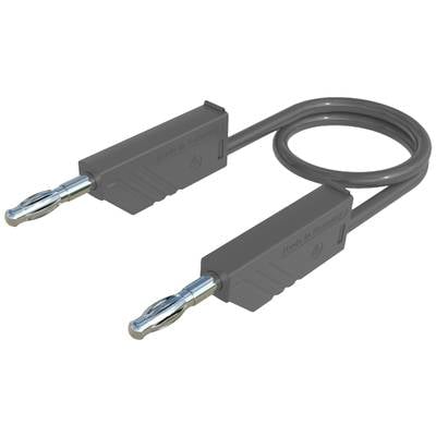 Grey banana plug cable with two plugs and a loop, used for speaker connections or electrical testing.