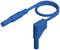 A blue laboratory cable with two different connectors at the ends, one straight, the other bent at a right angle.