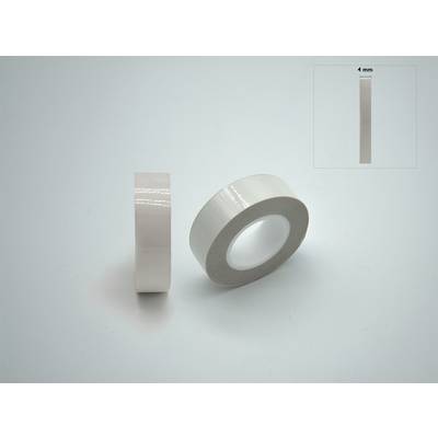 Two transparent sellotape rolls, one standing and one lying down, with a small image in the top right area showing a width of 4 mm.