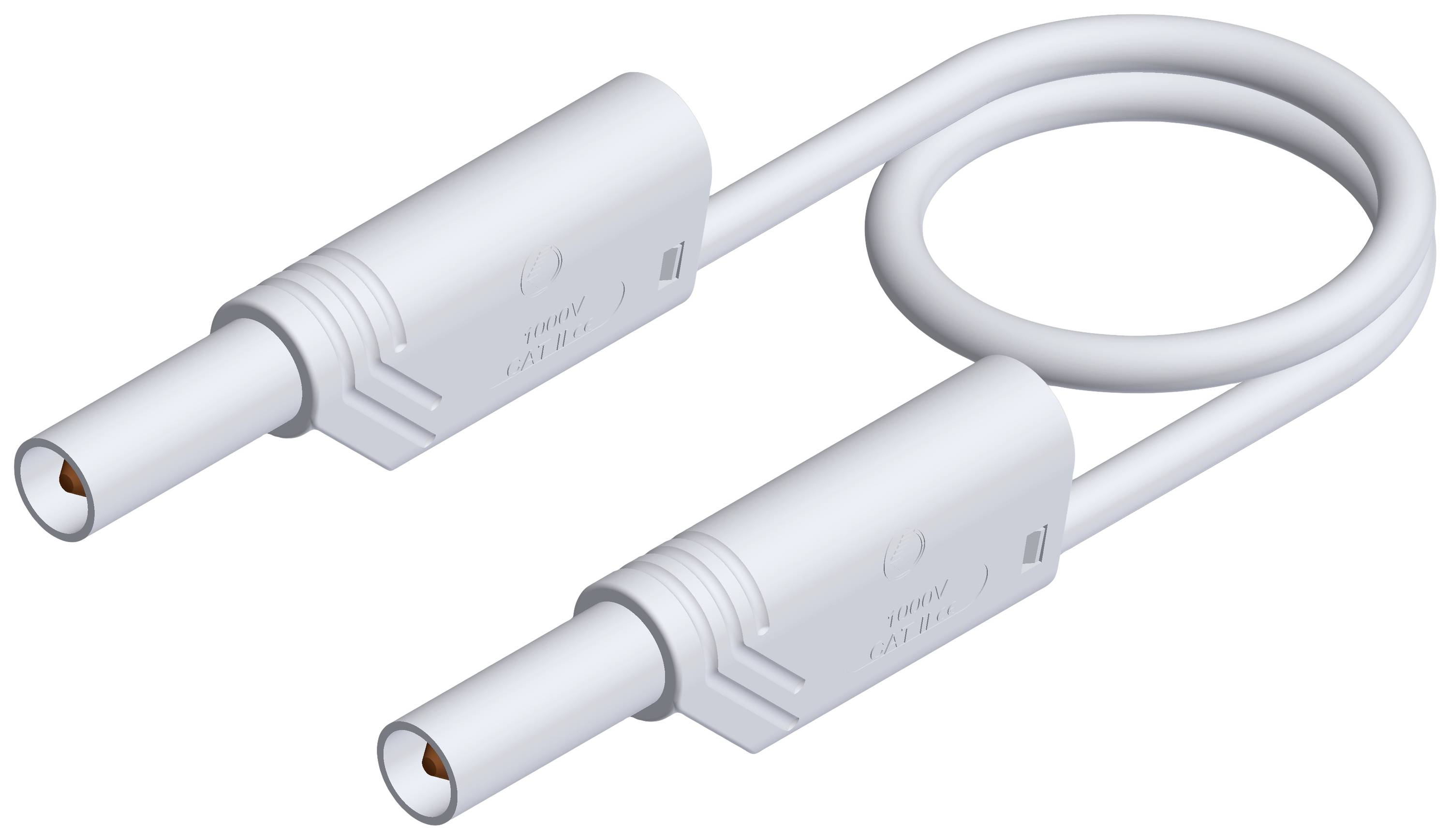 A white electric cable with two identical round plugs at the ends, laid in a circle.