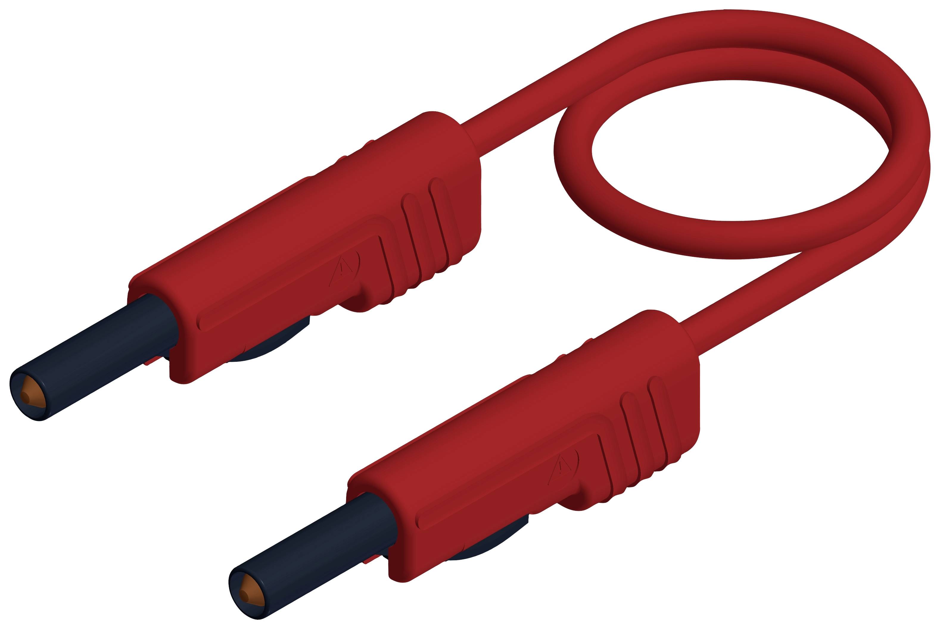 Red measurement control cable with two connectors, arranged in a loop. Suitable for electrical measurements.