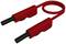 A red electric cable with two black plugs, forming a loop. Suitable for connecting electrical components.