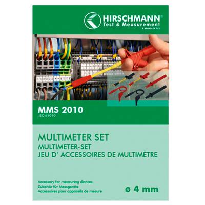 Product cover for Hirschmann Test & Measurement MMS 2010 multimeter set, showing test leads and probe accessories; text includes 'MULTIMETER SET' and 'ø 4 mm'.