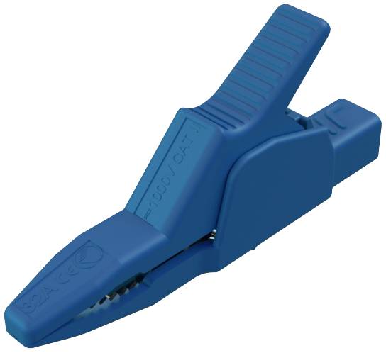 A blue crocodile clip designed for securely connecting electrical leads. It features ridged surfaces for improved grip.