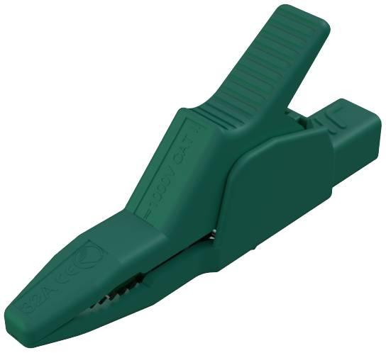 Green crocodile clip, insulated, for electrical applications.