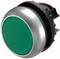 A green push button with a silver rim, mounted in a black holder. The button is circular and appears industrially robust.
