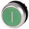 A round green button with a vertical line in the centre, surrounded by a silver border.