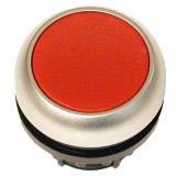 Red, round button with a silver rim, typically used as an emergency stop switch.