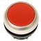 Red, round button with a silver rim, typically used as an emergency stop switch.