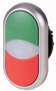 Large, oval button with green and red halves, divided by a white separating line. Symbolises a switching function.